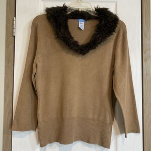 U-KNIT cardigan tan removable faux fur collar womens XL 75% silk old hollywood